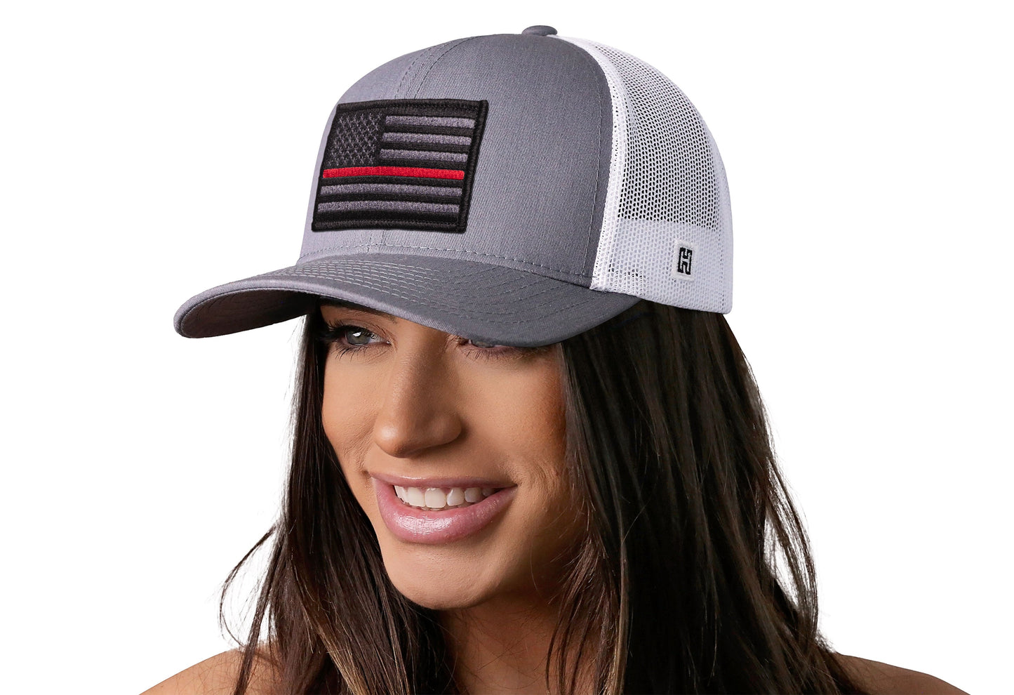 Thin Red Line Trucker Hat  |  Gray White Fire Snapback