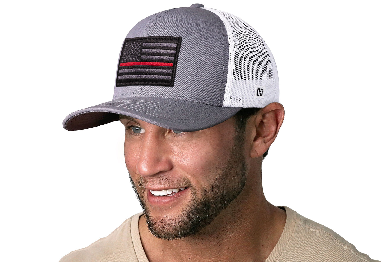 Thin Red Line Trucker Hat  |  Gray White Fire Snapback