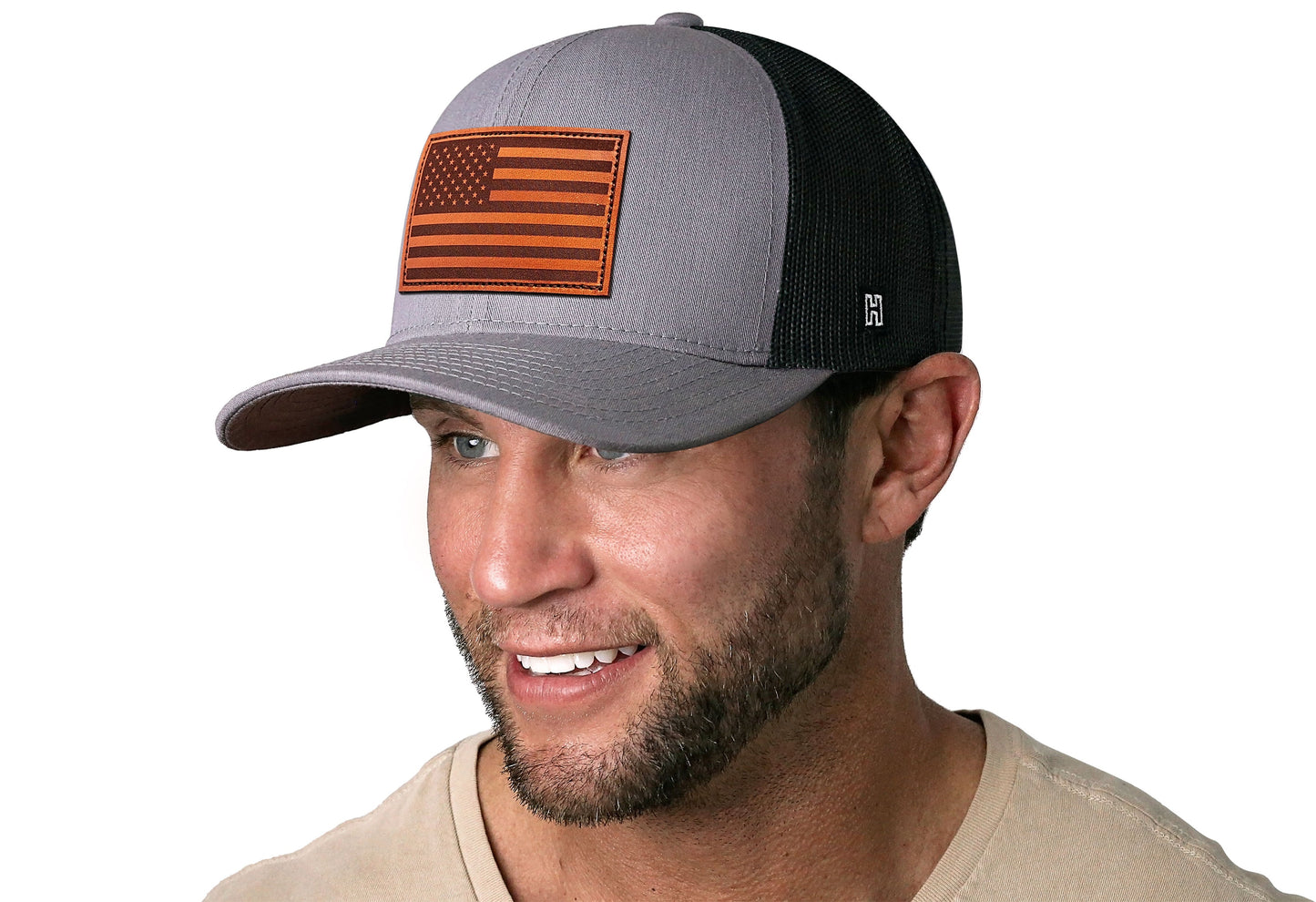 American Flag Trucker Hat Leather  |  Gray Black USA Snapback