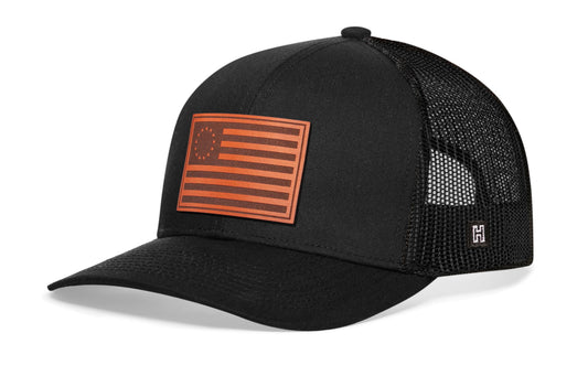 Betsy Ross Flag Trucker Hat Leather |  Black USA Snapback