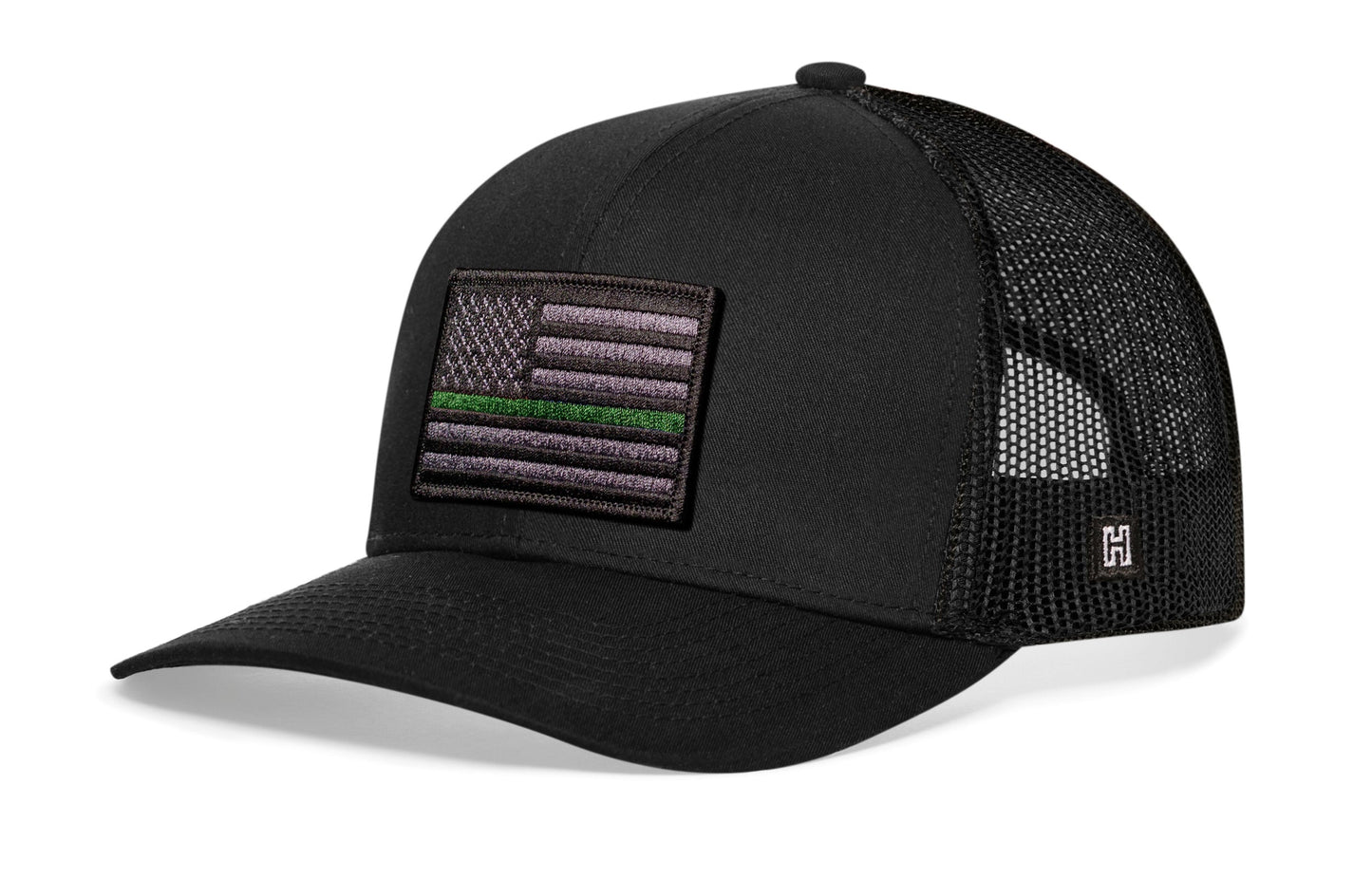 Thin Green Line Trucker Hat  |  Black Military Snapback