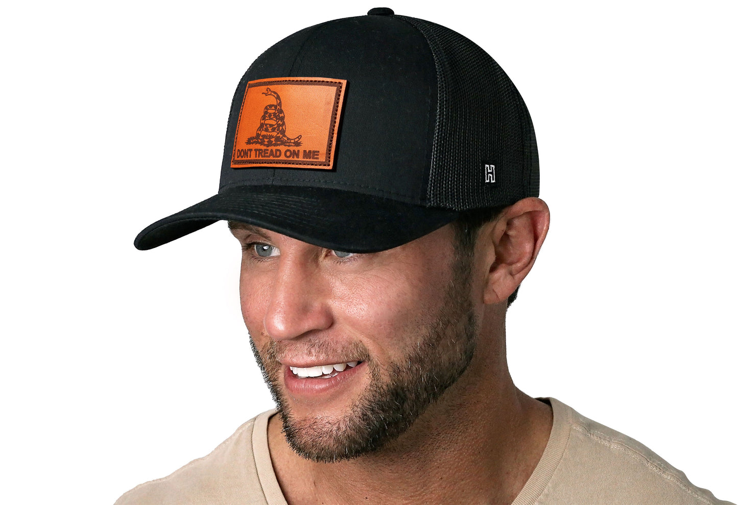 Dont Tread on Me Trucker Hat Leather  |  Black Gadsden Flag Snapback