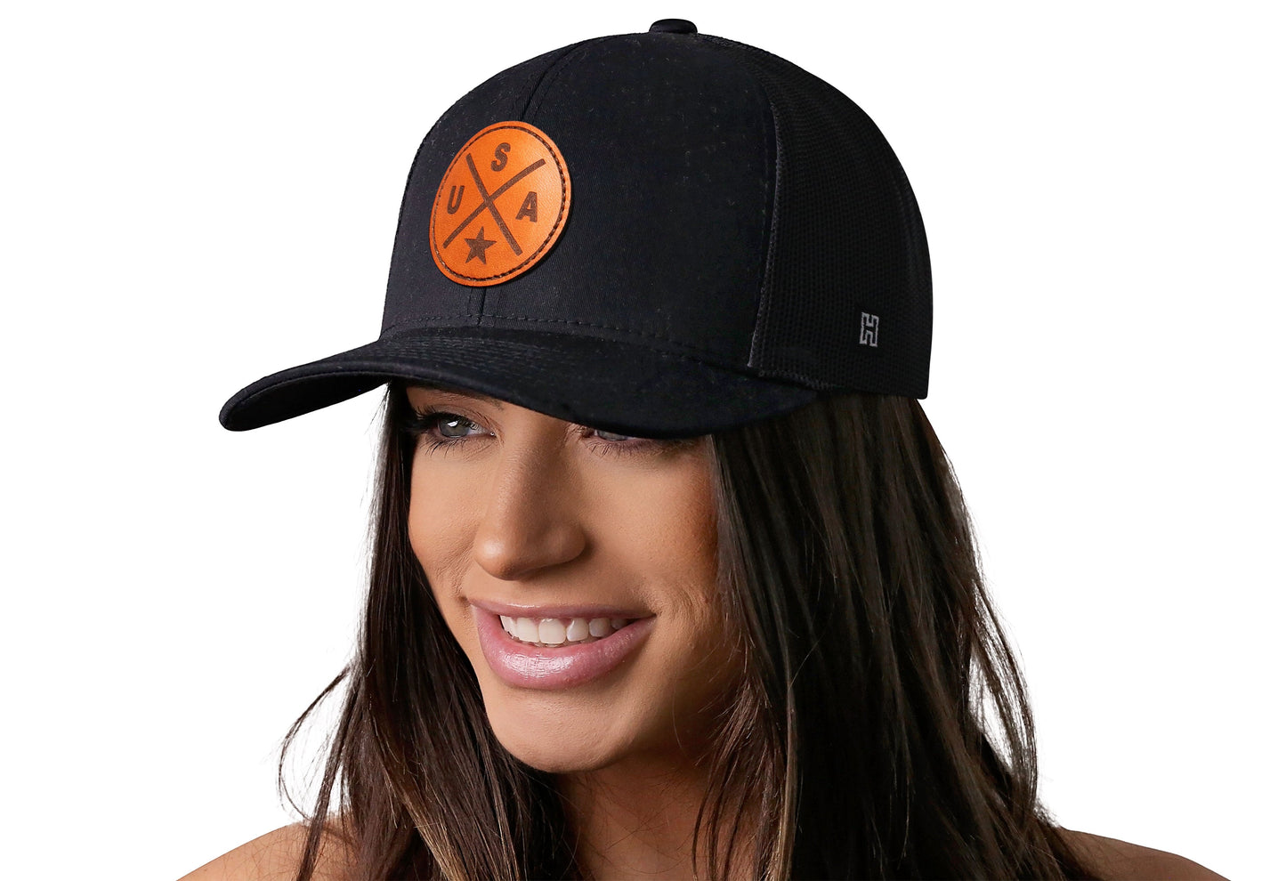 USA Trucker Hat Leather  |  Black America Snapback