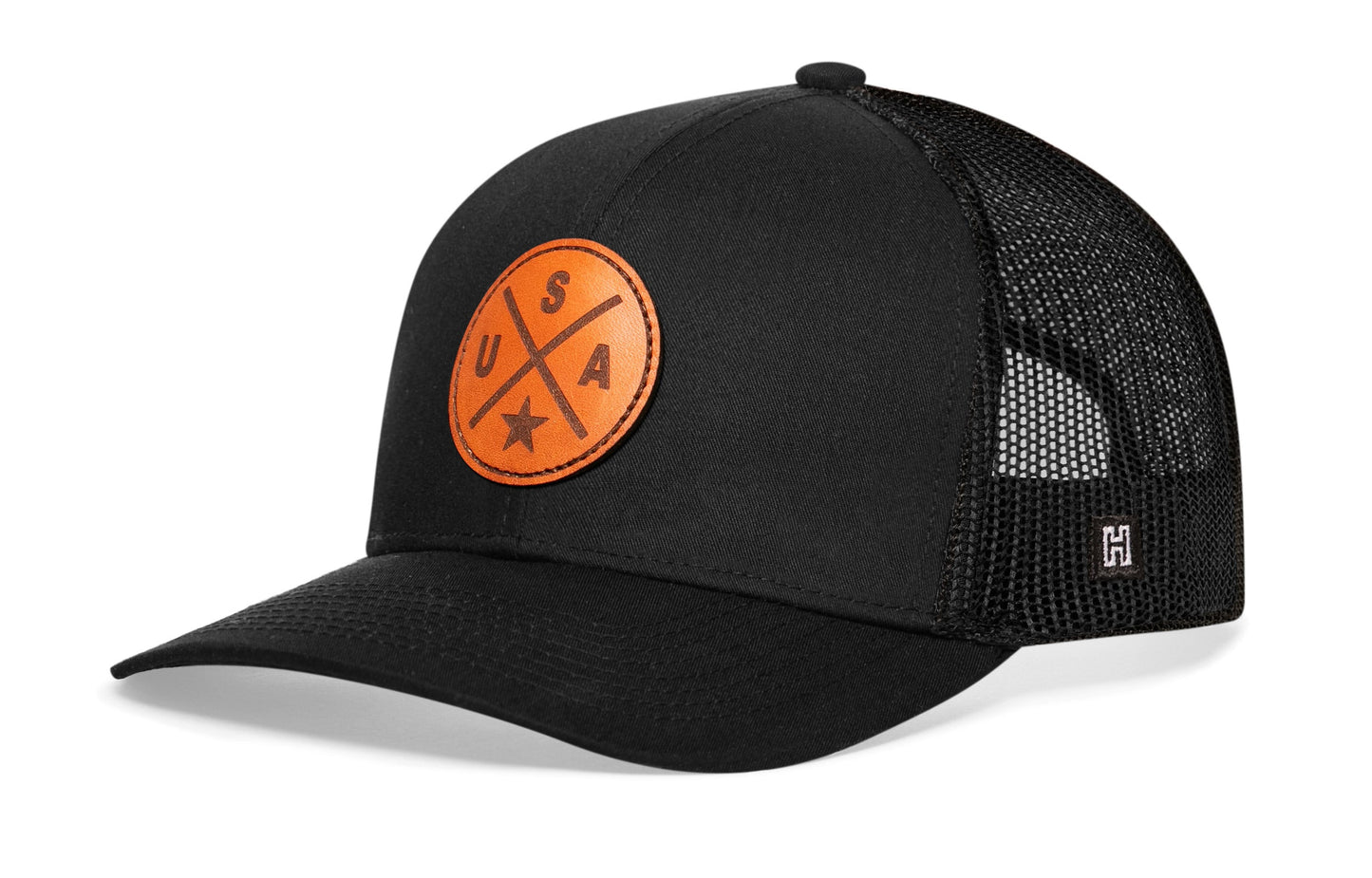 USA Trucker Hat Leather  |  Black America Snapback