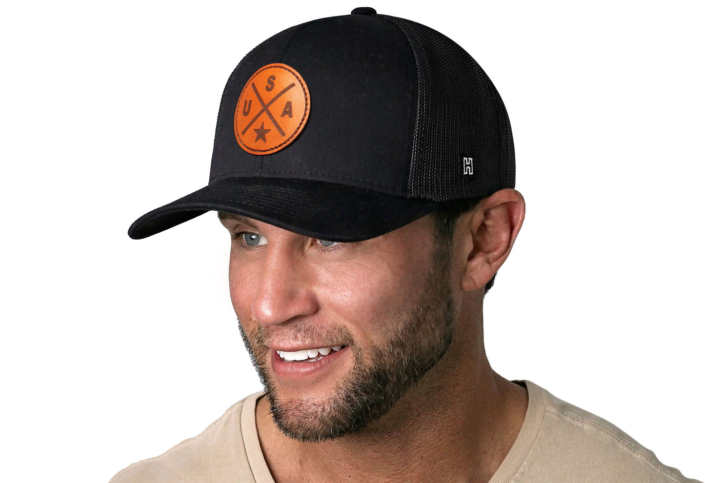 USA Trucker Hat Leather  |  Black America Snapback