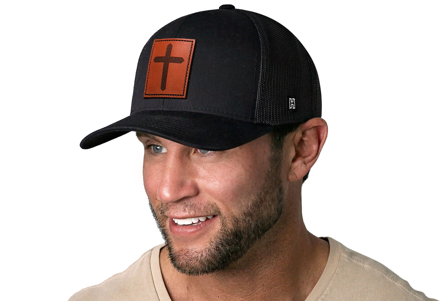 Cross Trucker Hat Rectangle Leather  |  Black Christian Snapback