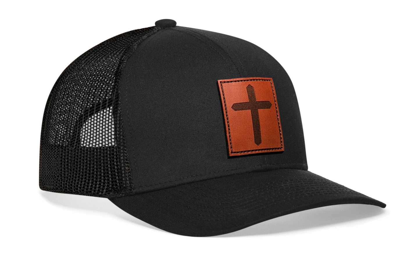 Cross Trucker Hat Rectangle Leather  |  Black Christian Snapback