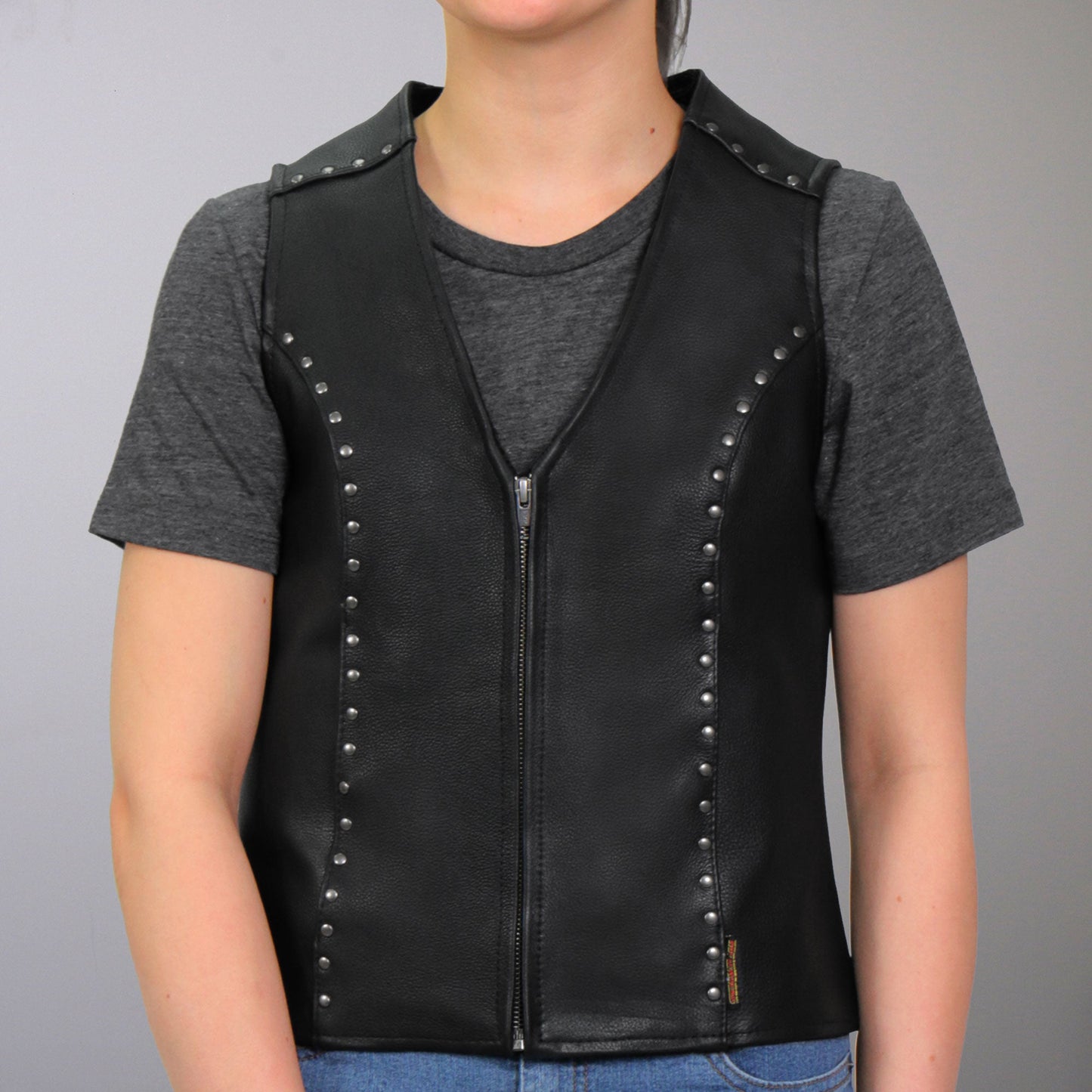 Hot Leathers VSL1015 Ladies Studded Black Motorcycle style Leather Biker Vest with V-Neck Design