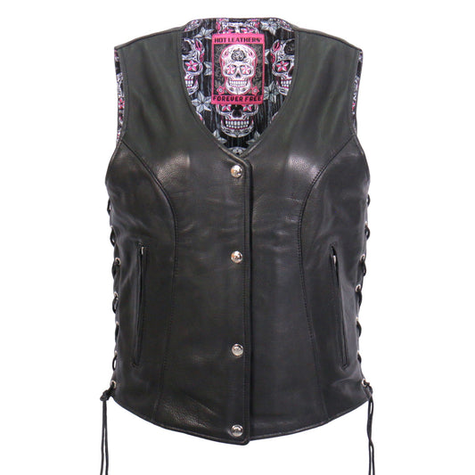 Hot Leathers VSL1017 Ladies 'Sugar Skull' Lined Black Leather Motorcycle Biker Vest