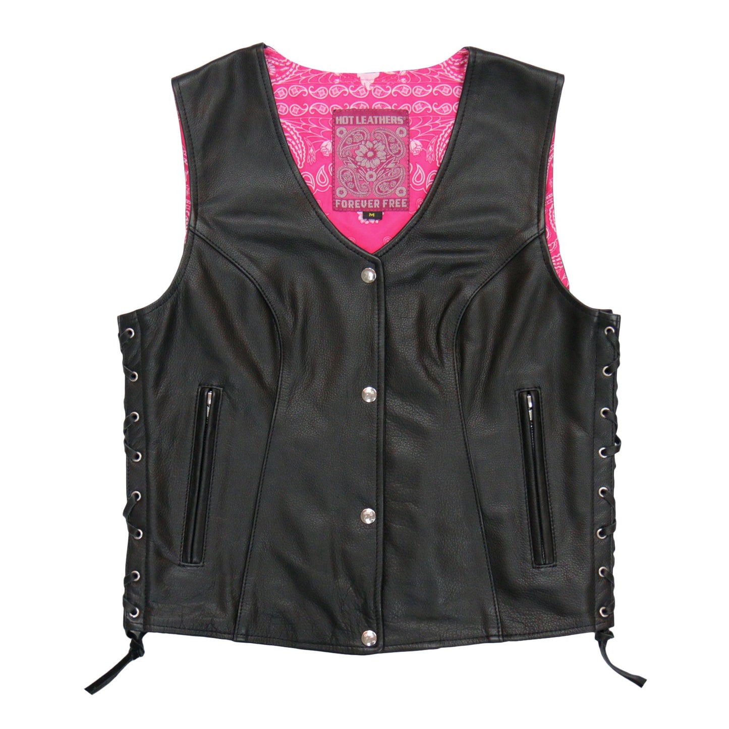 Hot Leathers VSL1018 Ladies 'Pink Paisley' Lined Black Leather Motorcycle Biker Vest