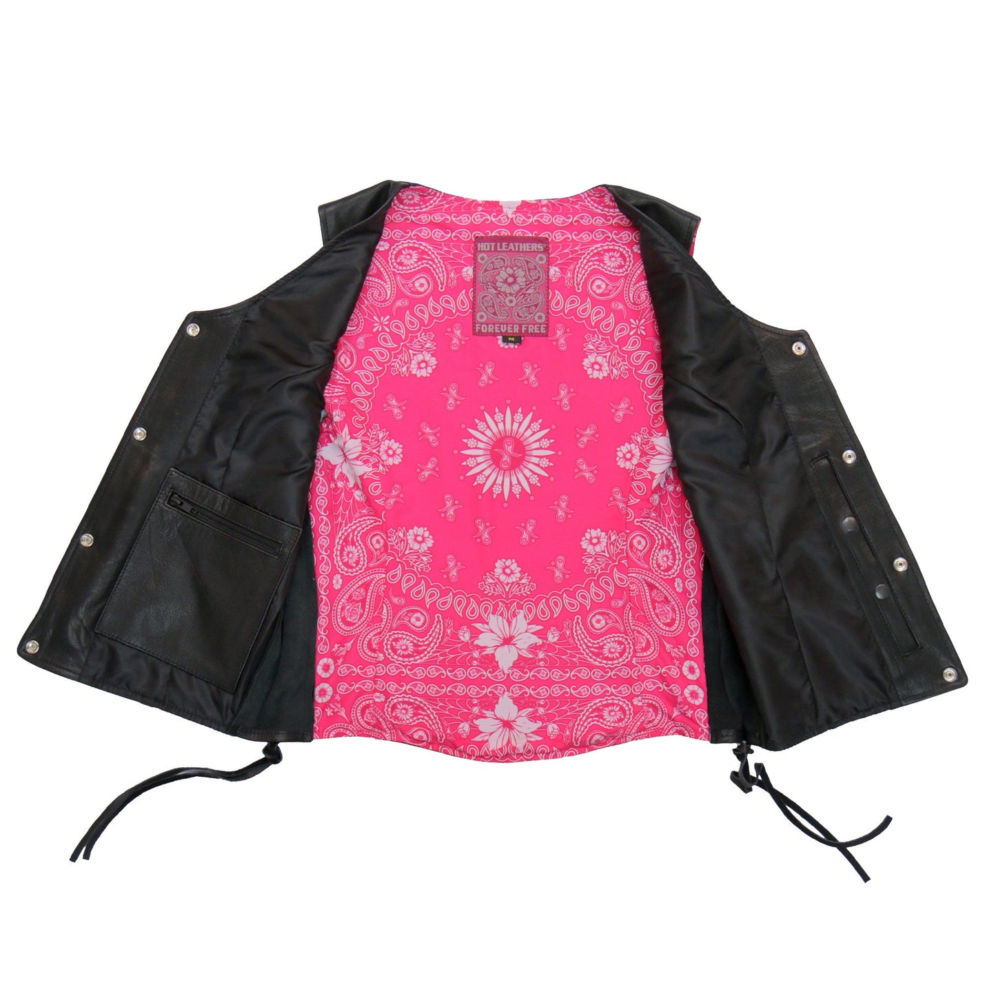 Hot Leathers VSL1018 Ladies 'Pink Paisley' Lined Black Leather Motorcycle Biker Vest