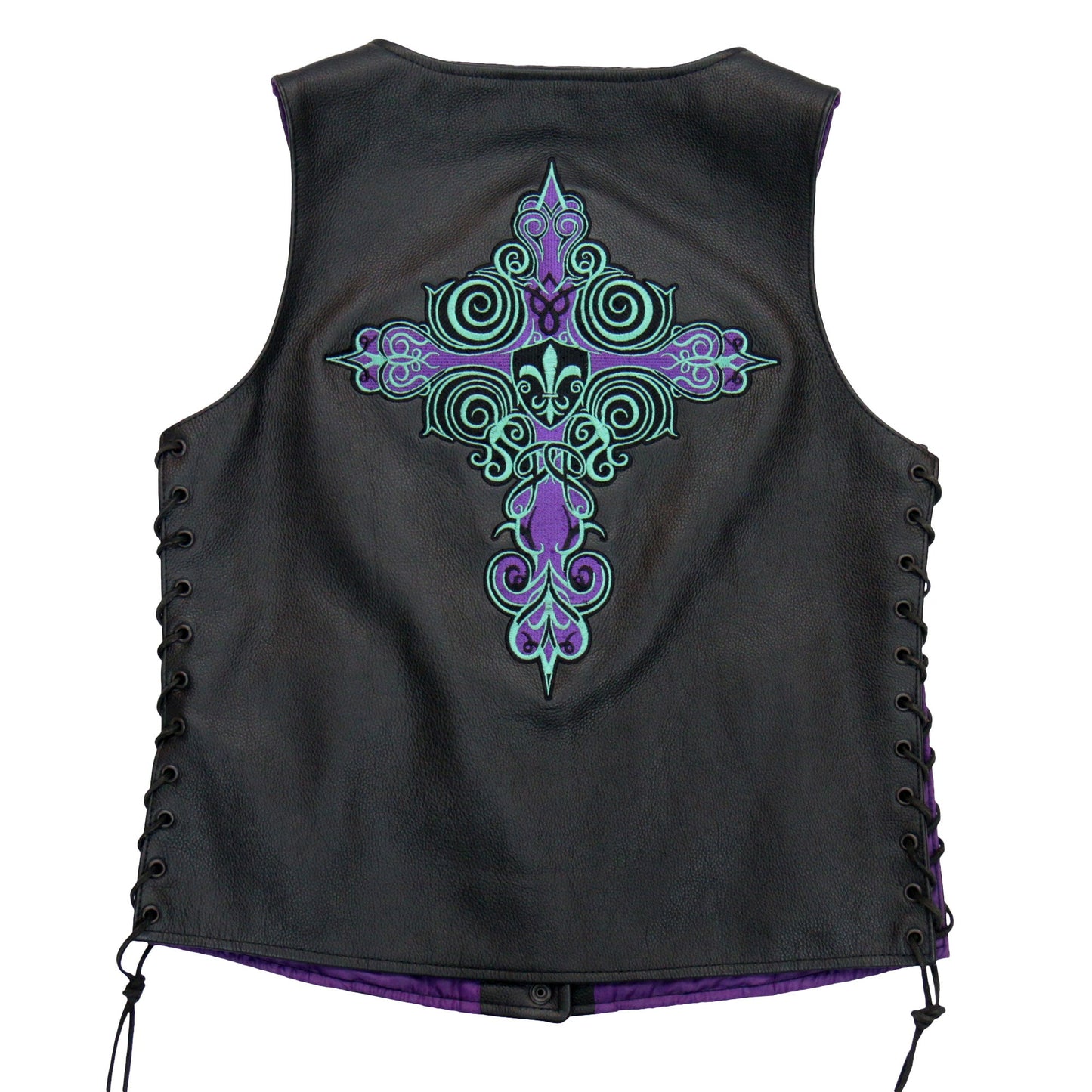 Hot Leathers VSL2001 Ladies Black motorcycle style 'Fleur De Lis Cross' Leather Biker Vest