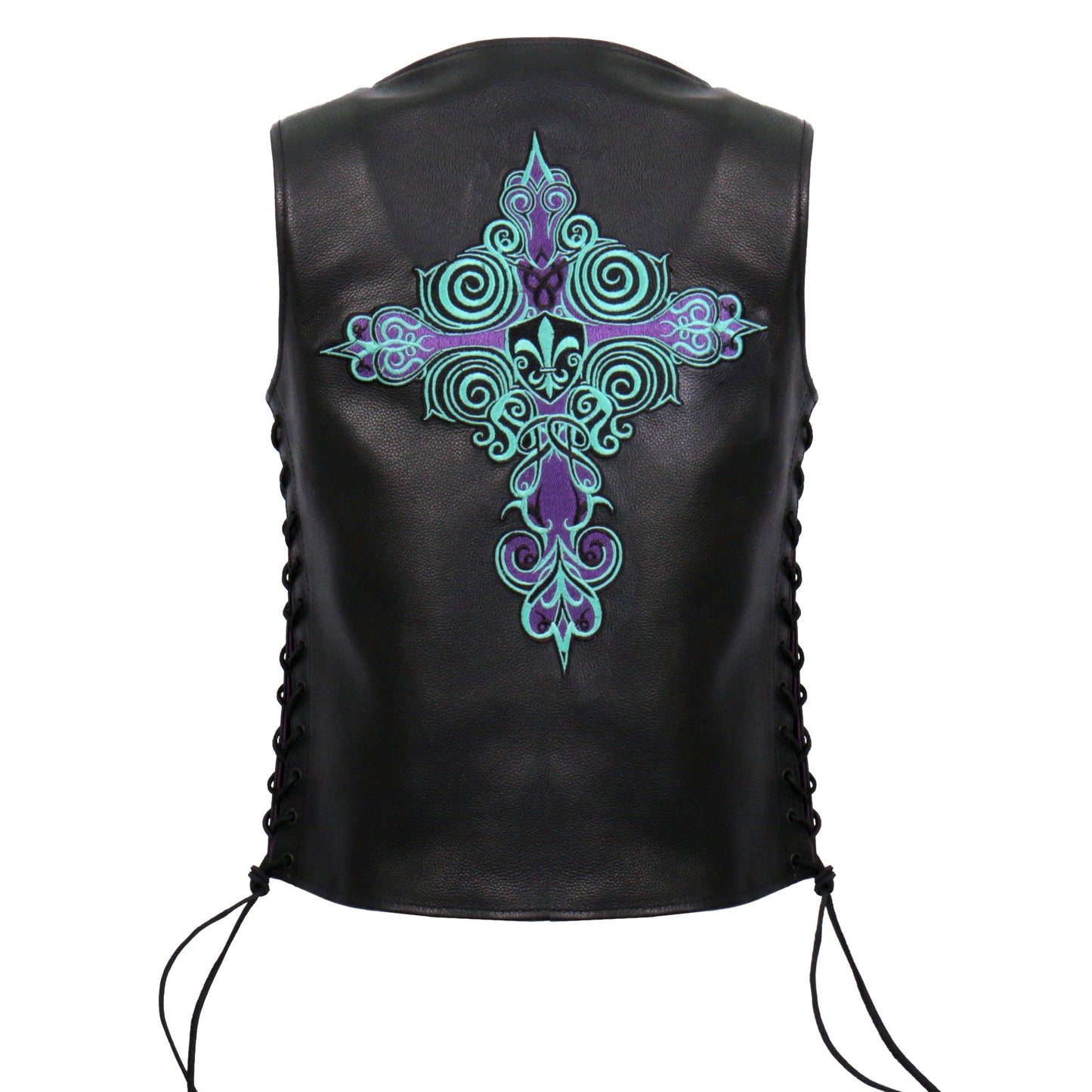 Hot Leathers VSL2001 Ladies Black motorcycle style 'Fleur De Lis Cross' Leather Biker Vest