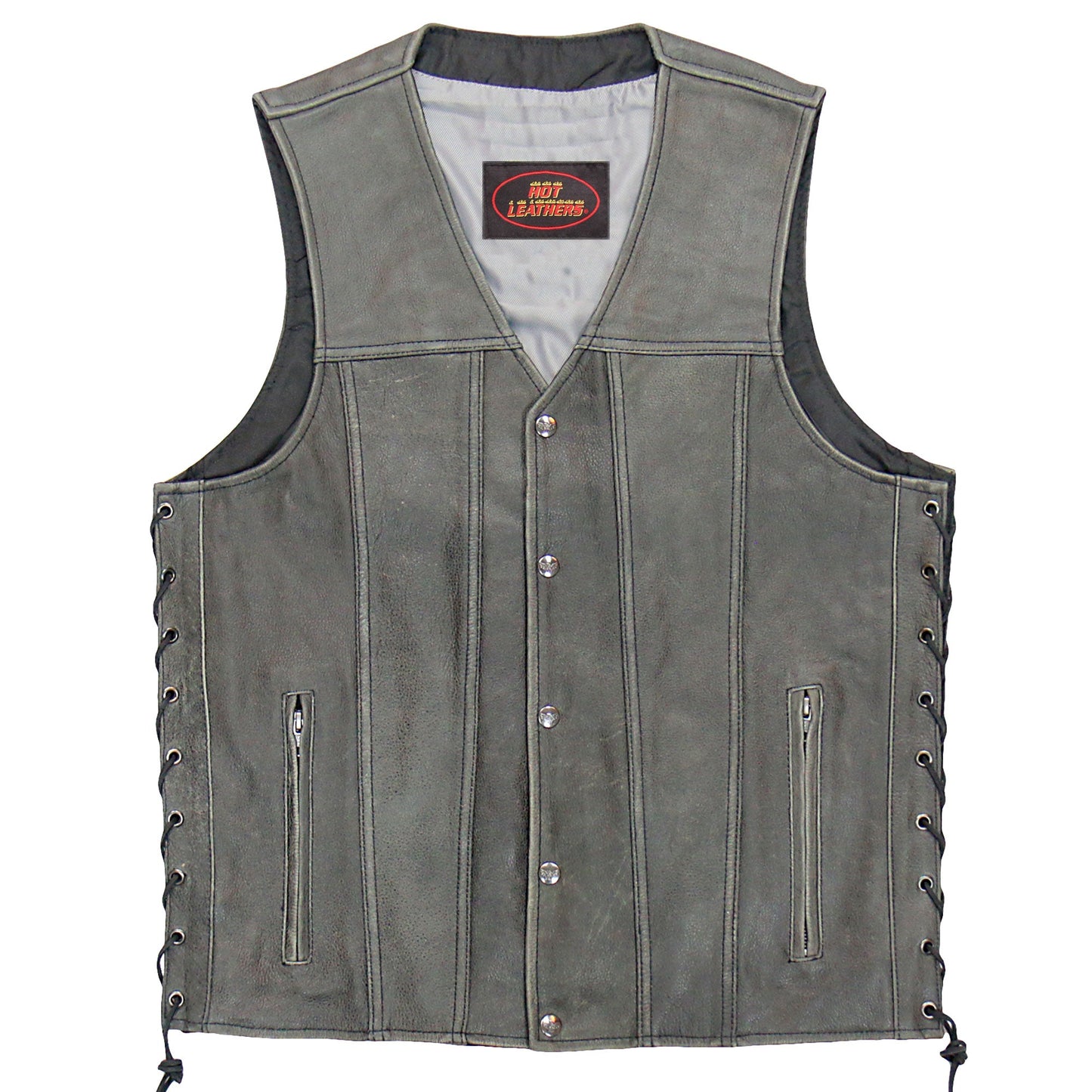 Hot Leathers VSM1041 Men's Motorcycle style Rub-Off Grey 'Side Lace' Leather Biker Vest