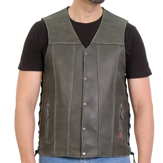 Hot Leathers VSM1041 Men's Motorcycle style Rub-Off Grey 'Side Lace' Leather Biker Vest