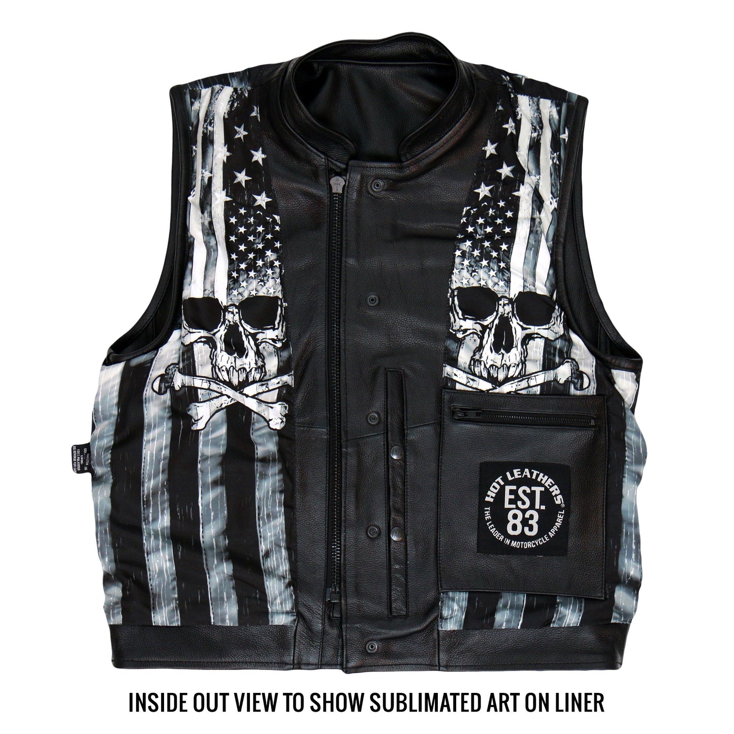 Hot Leathers VSM1054 Men’s Black 'Skull Flag' Motorcycle Club style Conceal and Carry Leather Biker Vest