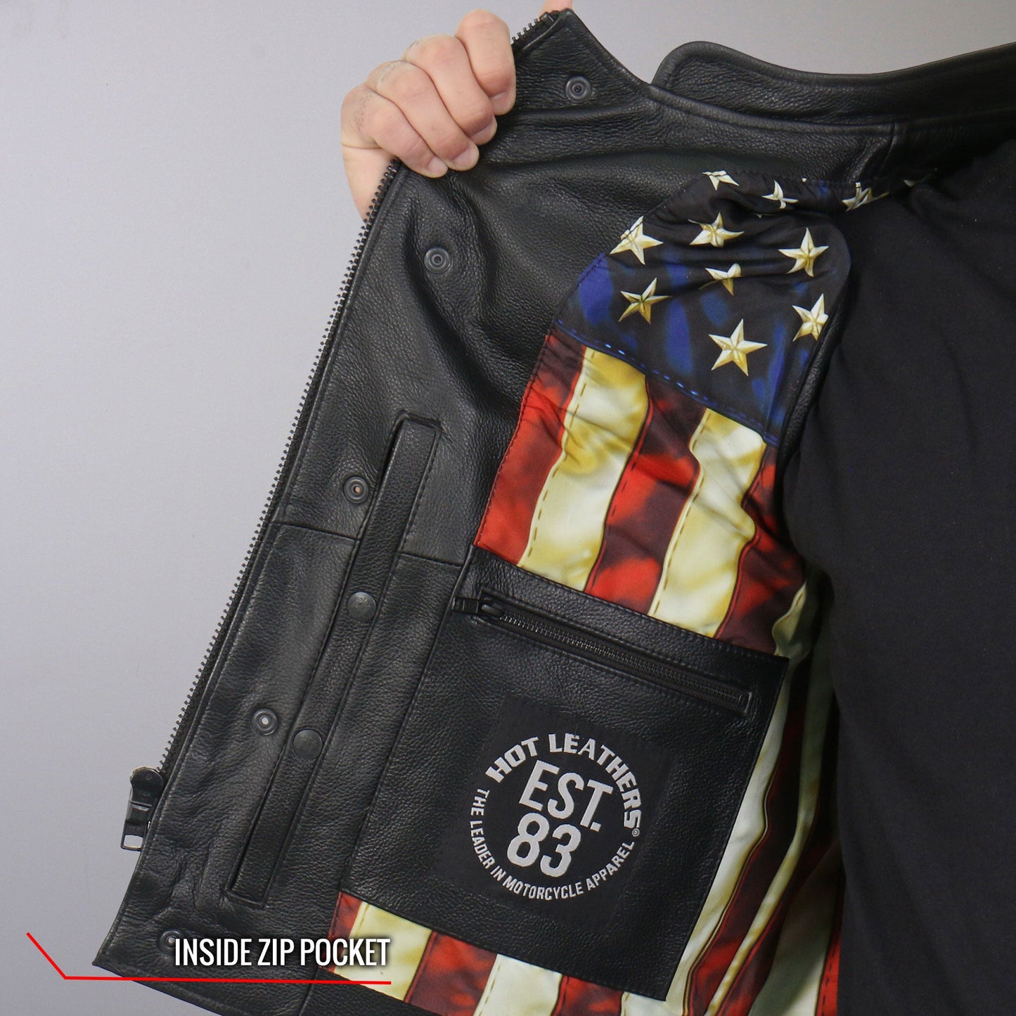 Hot Leathers VSM1056 Men's Black 'Vintage USA Flag' Motorcycle Club Style Conceal and Carry Leather Biker Vest