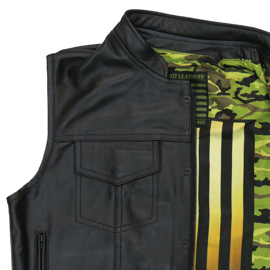 Hot Leathers VSM1058 Men's Black 'Camo Flag' Motorcycle Club Style Conceal and Carry Leather Biker Vest