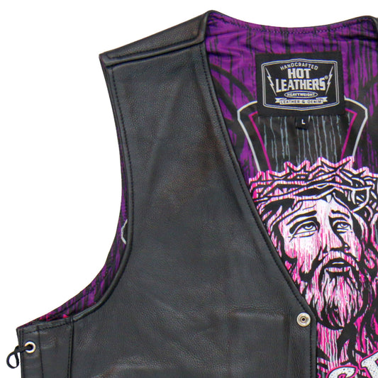 Hot Leathers VSM1063 Men's Black 'Blessed' Motorcycle style Conceal and Carry Side Lace Leather Biker Vest