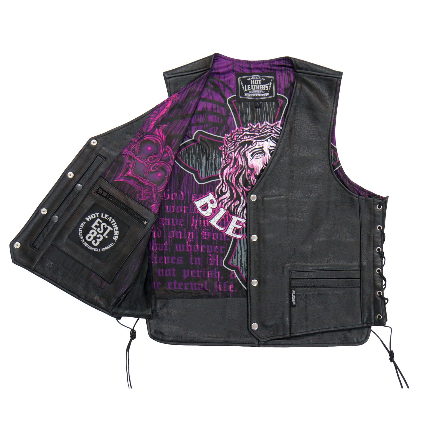 Hot Leathers VSM1063 Men's Black 'Blessed' Motorcycle style Conceal and Carry Side Lace Leather Biker Vest