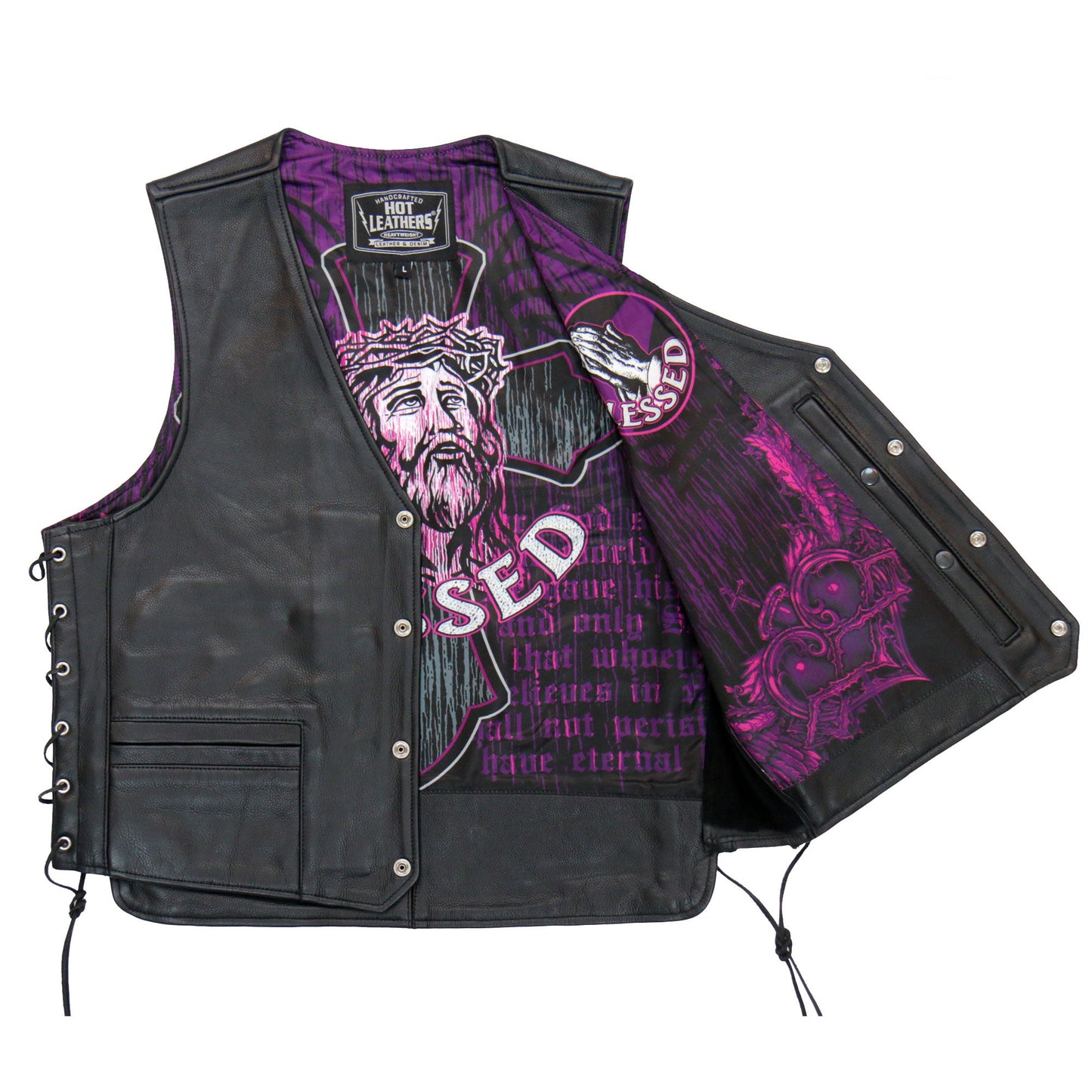 Hot Leathers VSM1063 Men's Black 'Blessed' Motorcycle style Conceal and Carry Side Lace Leather Biker Vest