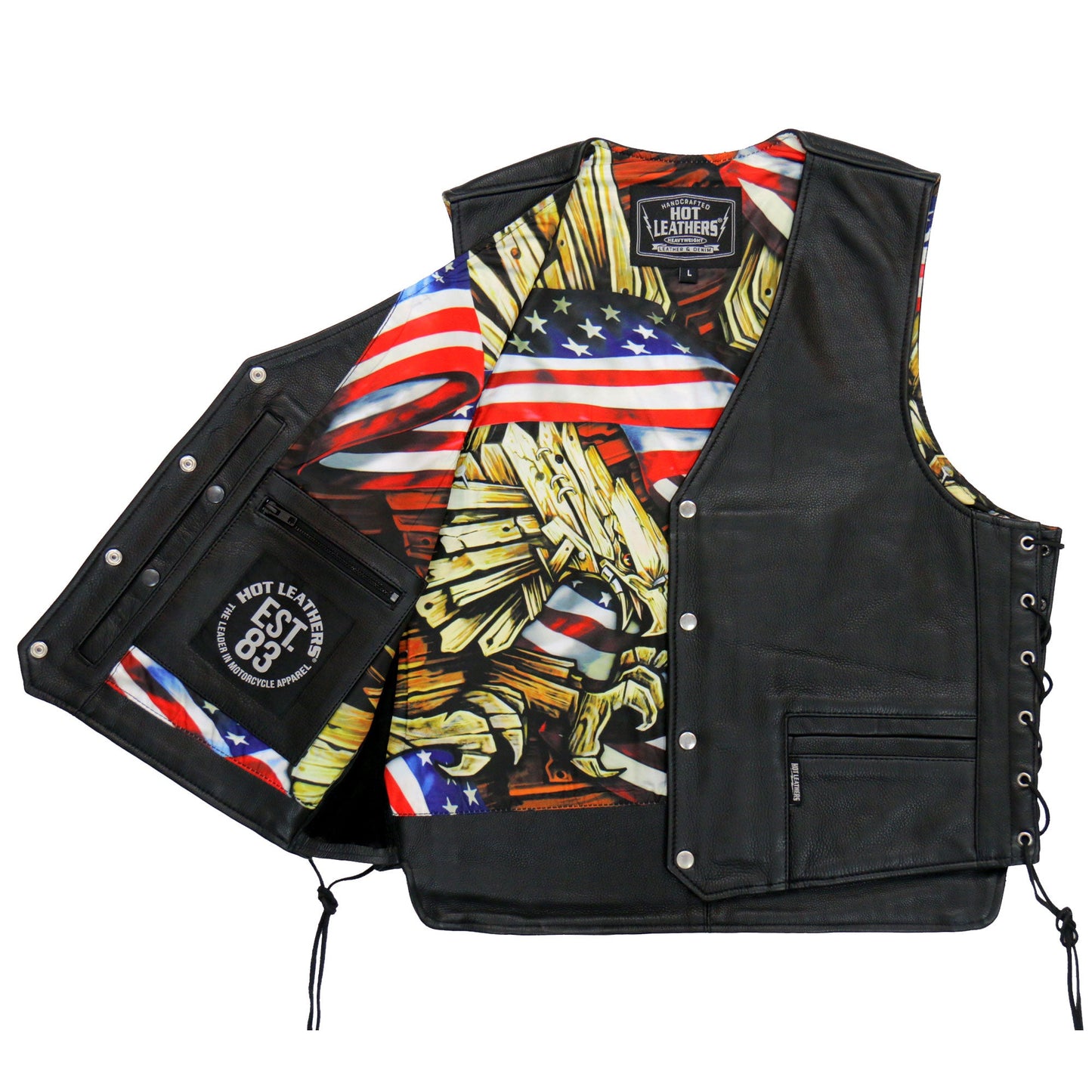 Hot Leathers VSM1065 Men's Black 'Wooded Eagle' Motorcycle style Conceal and Carry Side Lace Leather Biker Vest