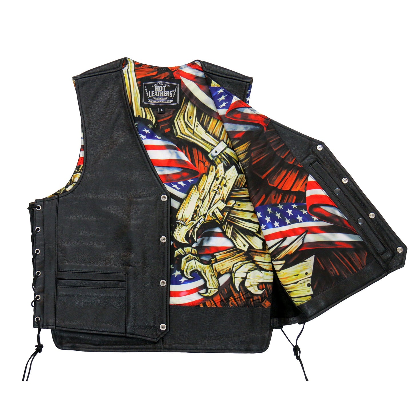 Hot Leathers VSM1065 Men's Black 'Wooded Eagle' Motorcycle style Conceal and Carry Side Lace Leather Biker Vest