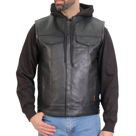 Hot Leathers Men's Black '2-in-1' Conceal and Carry Leather Vest with Hoodie VSM1202