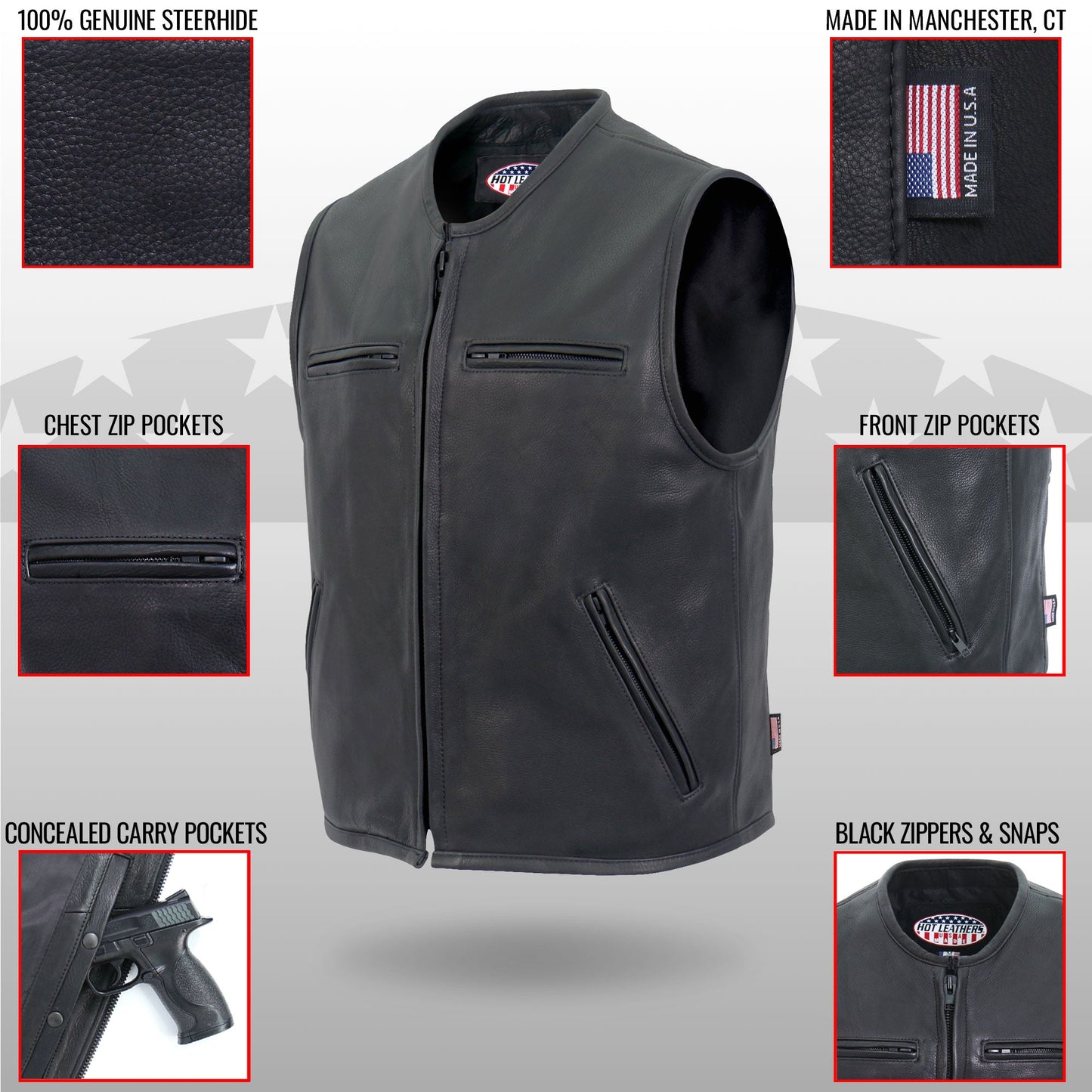 Hot Leathers VSM5001 Men's USA Made Premium Steerhide Motorcycle Leather Biker Club Vest with Gun Pocket