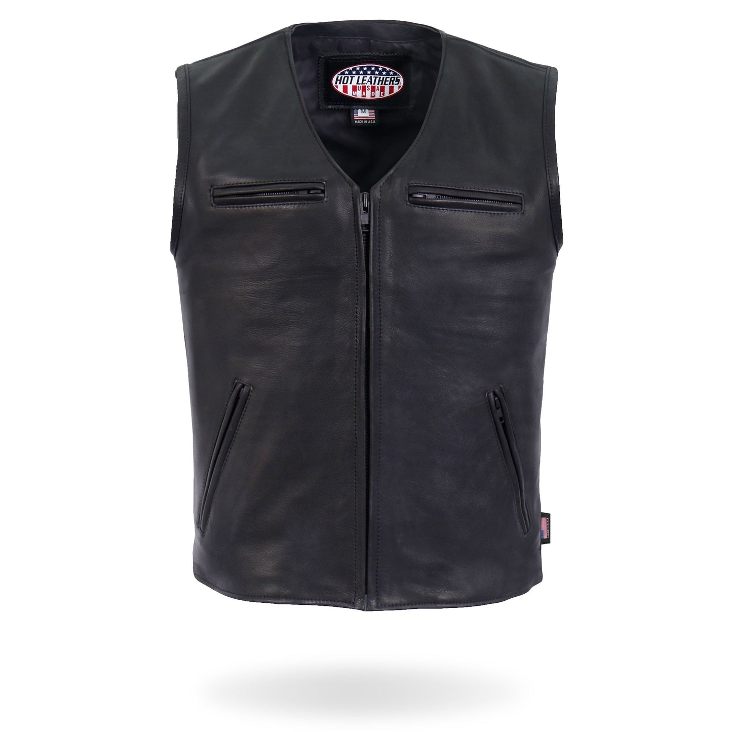 Hot Leathers Premium USA Made Leather V Neck Club Style Zipper Front Motorcycle Biker Vest