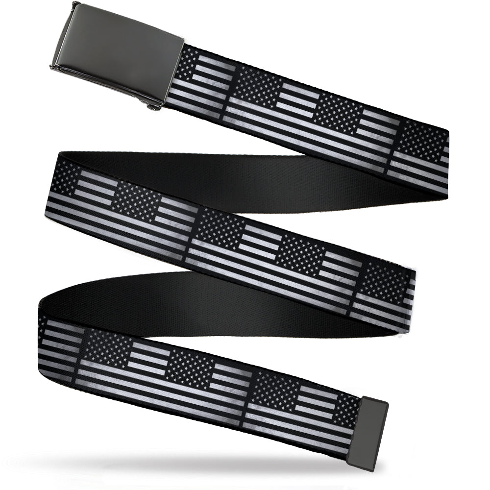 Web Belt Blank Black Buckle - American Flag Weathered Black/White Single Webbing