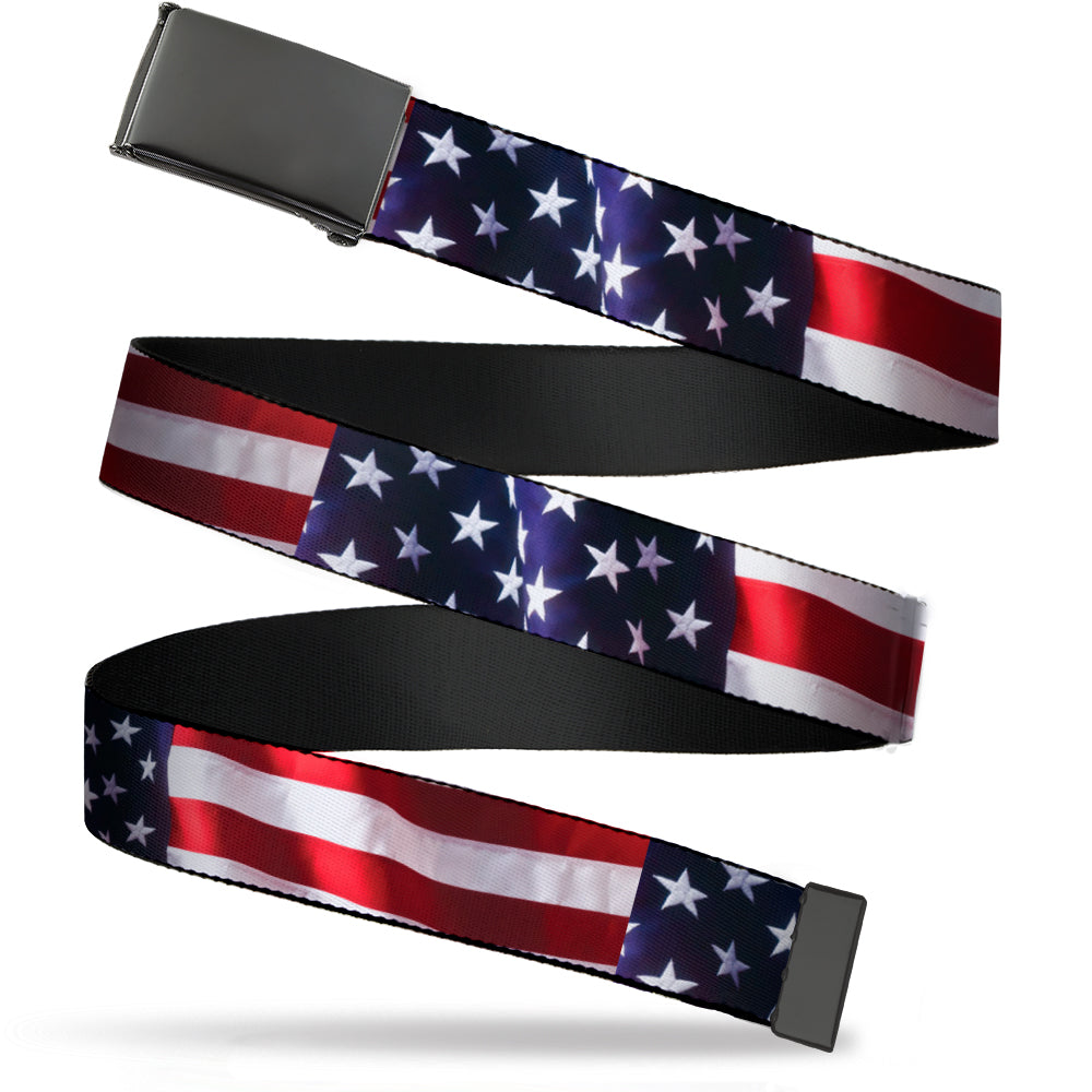 Web Belt Blank Black Buckle - American Flag Vivid CLOSE-UP Webbing