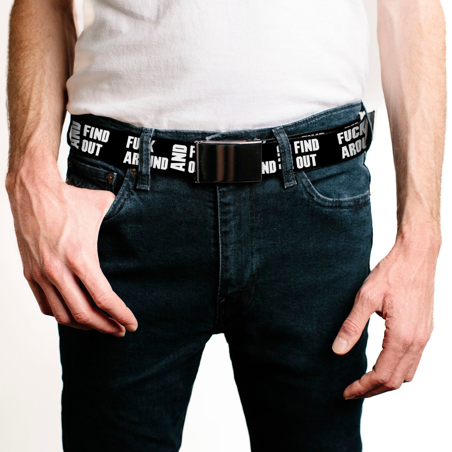 Web Belt Blank Black Buckle - FAFO FUCK AROUND AND FIND OUT Bold Black/White Webbing