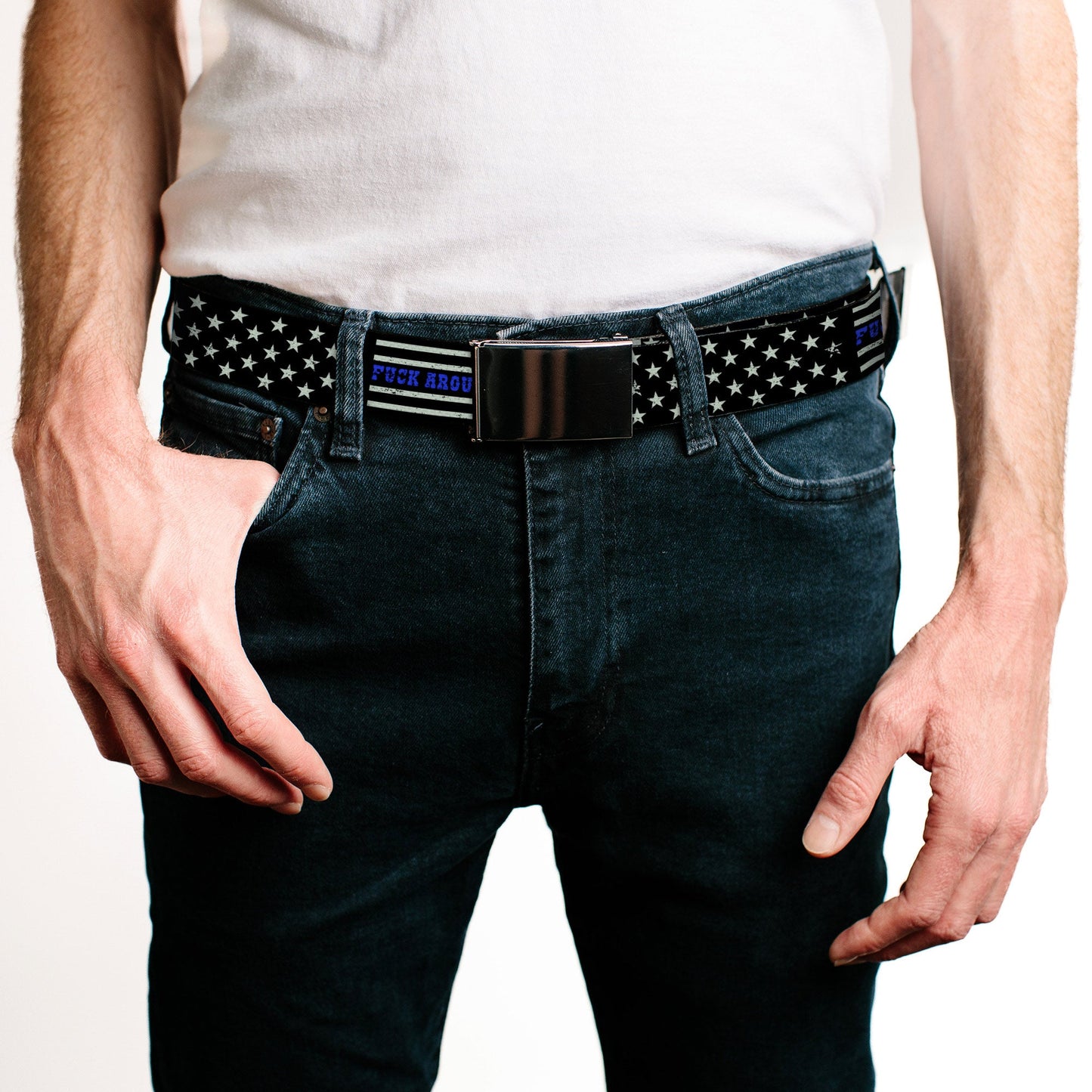 Web Belt Blank Black Buckle - FAFO FUCK AROUND AND FIND OUT Thin Blue Line Flag Webbing