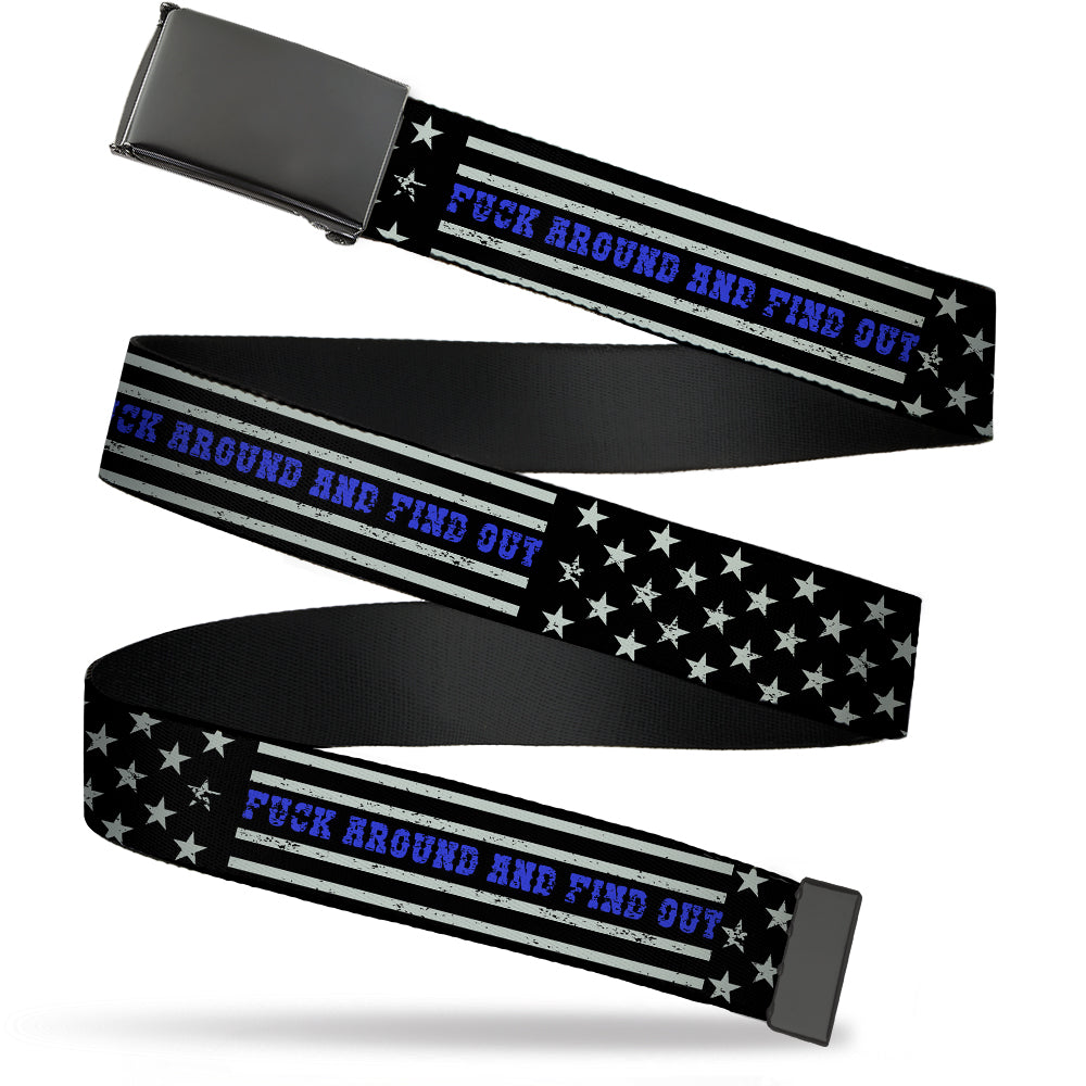 Web Belt Blank Black Buckle - FAFO FUCK AROUND AND FIND OUT Thin Blue Line Flag Webbing