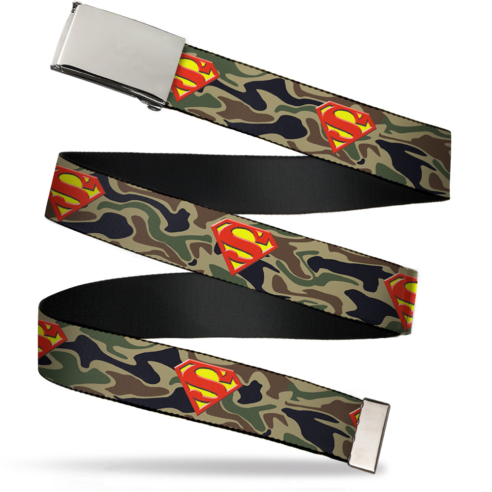 Chrome Buckle Web Belt - Superman Shield Camo Olive Webbing