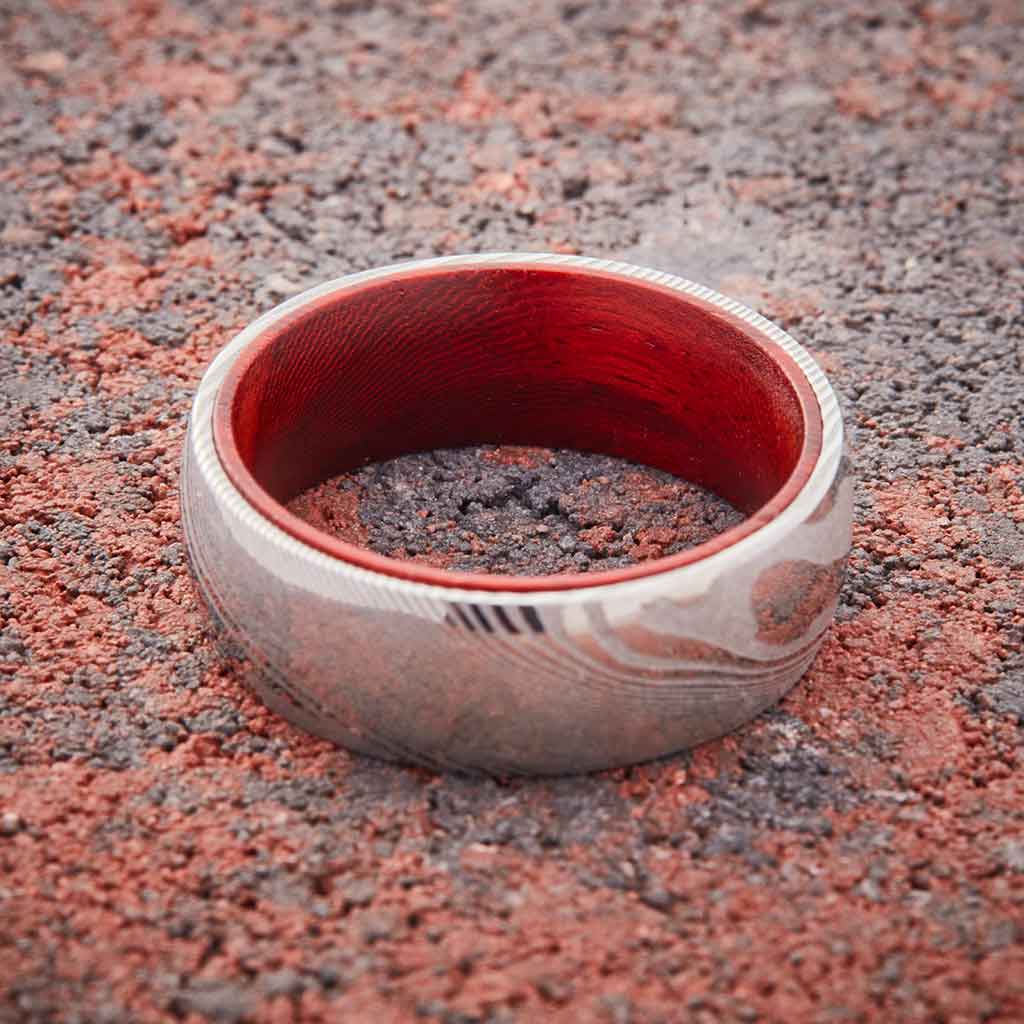 Wood Grain Damascus Steel Ring - Red Sandalwood