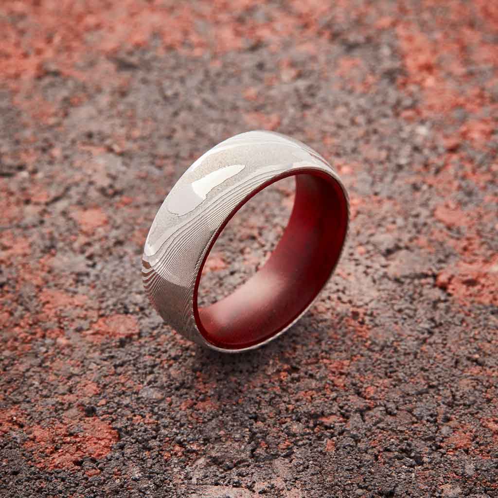 Wood Grain Damascus Steel Ring - Red Sandalwood