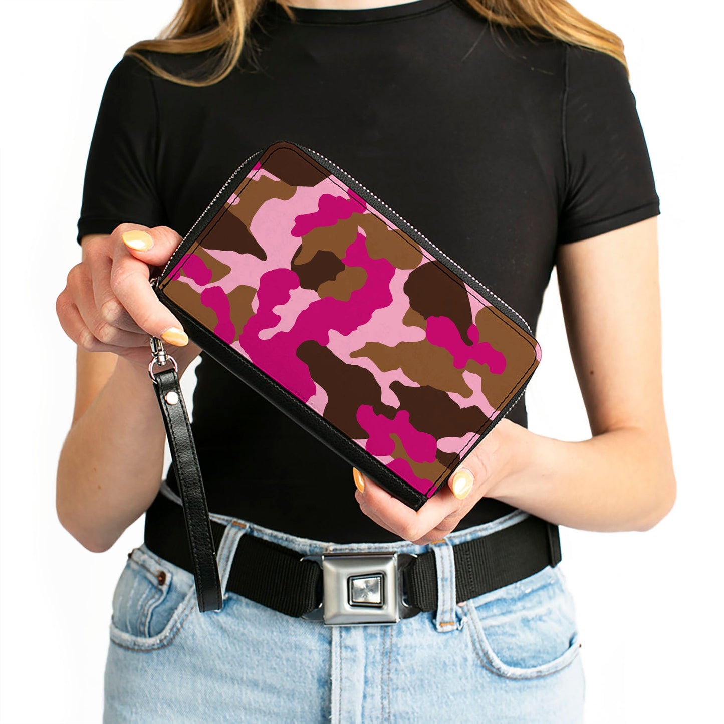 PU Zip Around Wallet Rectangle - Camo Pink