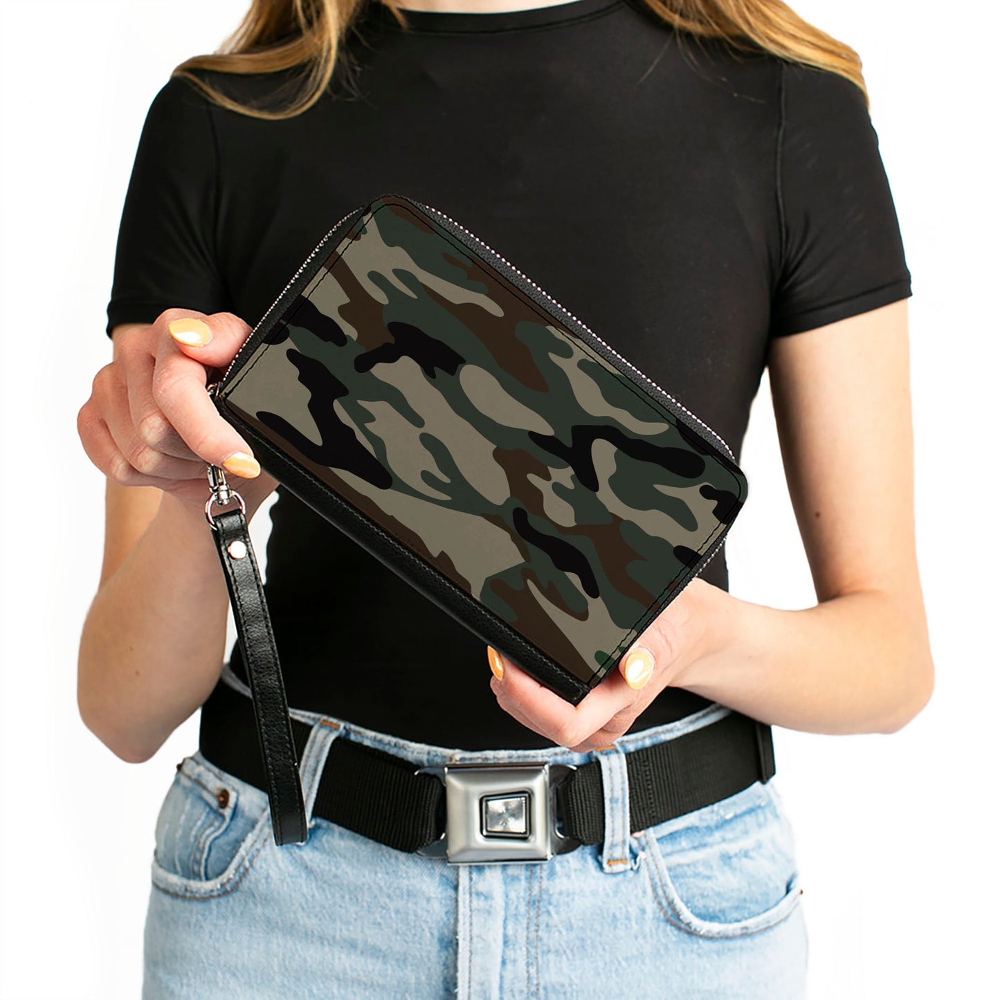 Women's PU Zip Around Wallet Rectangle - Camo Olive2