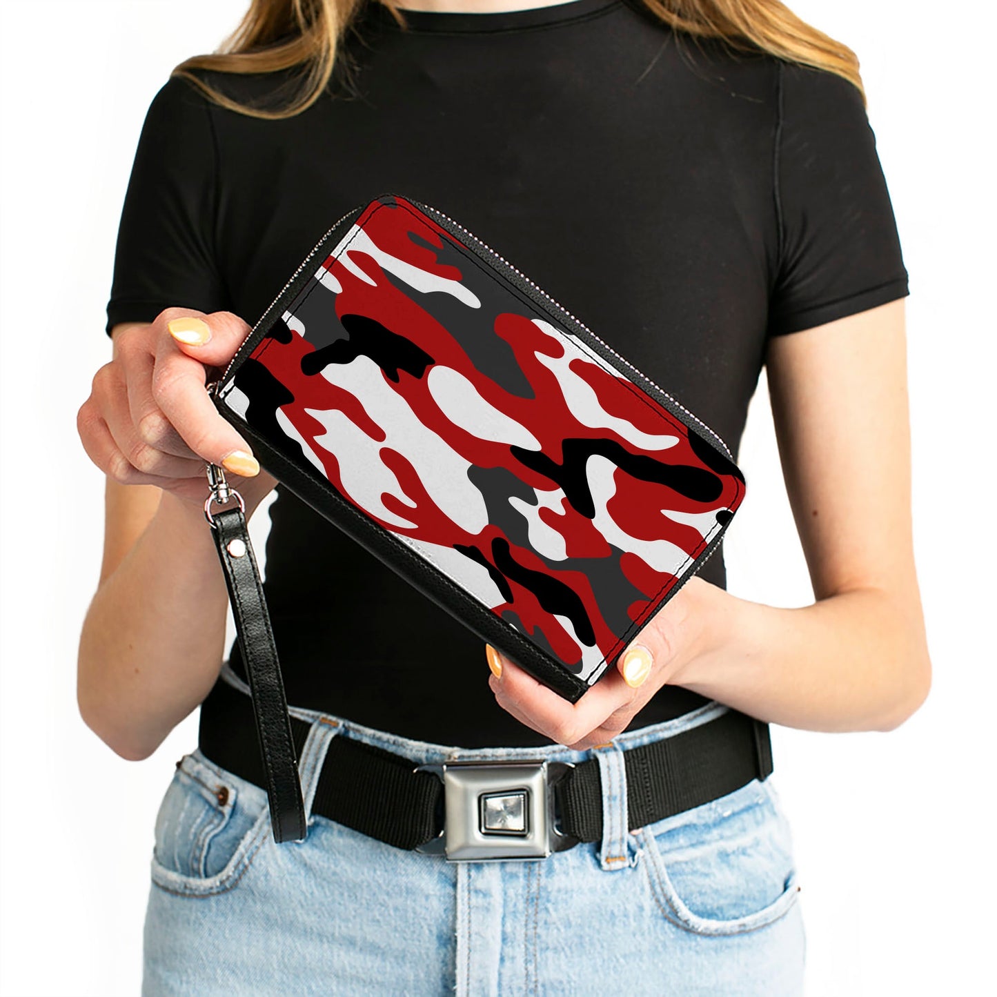 Women's PU Zip Around Wallet Rectangle - Camo Red Black Gray White