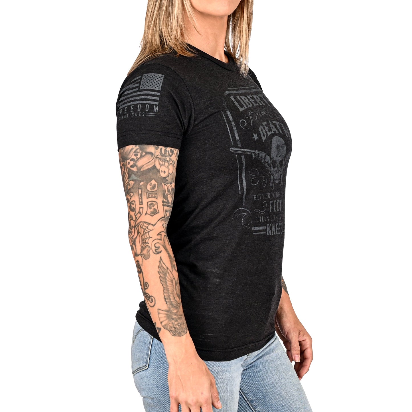 Women's Liberty or Death Patriotic Boyfriend Fit T-Shirt (Black on Black)