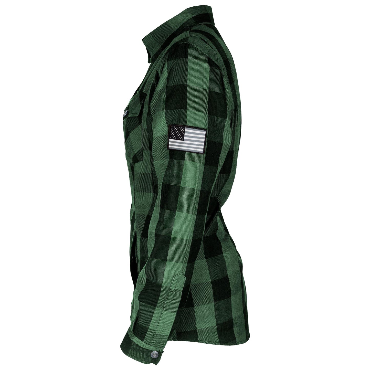 Protective Flannel Shirt for Women - Green and Black Checkered with Pads