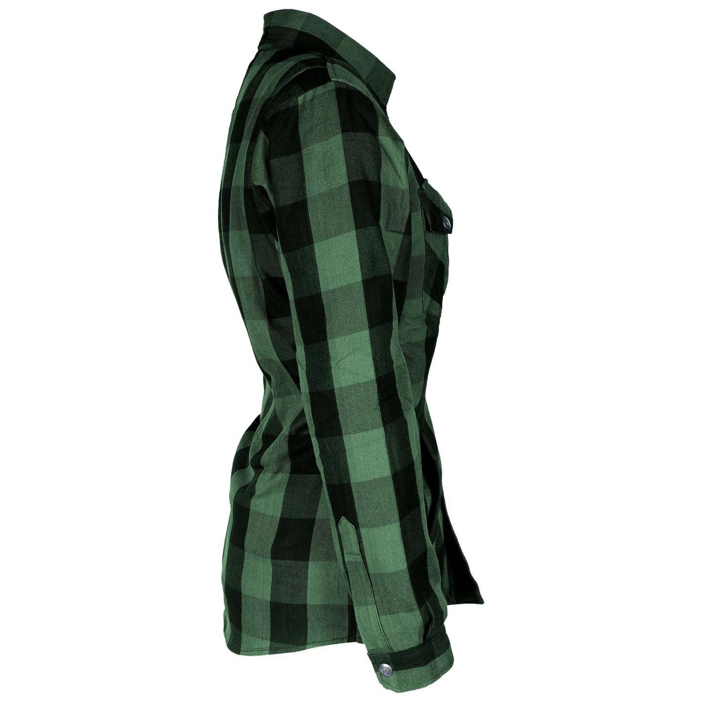 Protective Flannel Shirt for Women - Green and Black Checkered with Pads