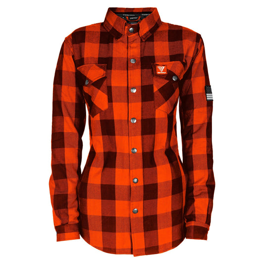 Protective Flannel Shirt for Women - Orange and Black Checkered with Pads