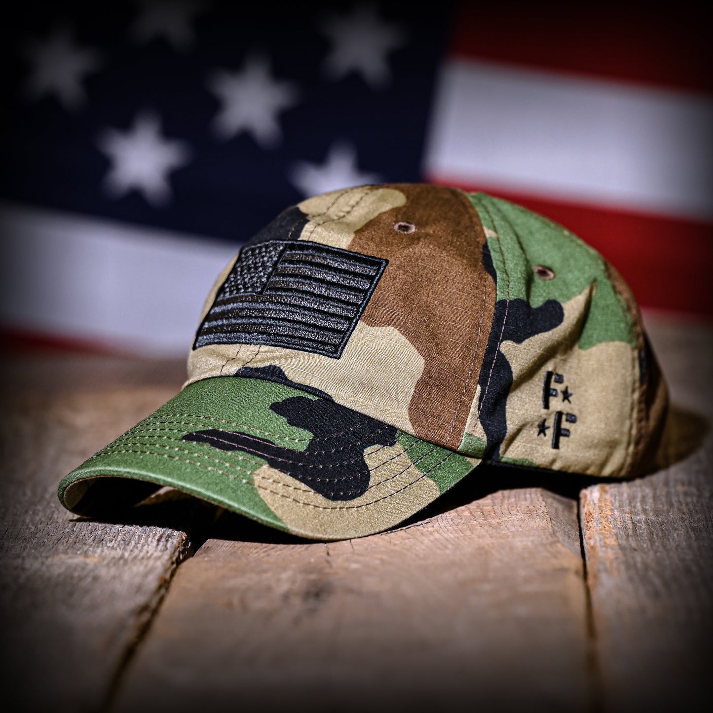 Woodland Camo Full Fabric American Flag Range Hat