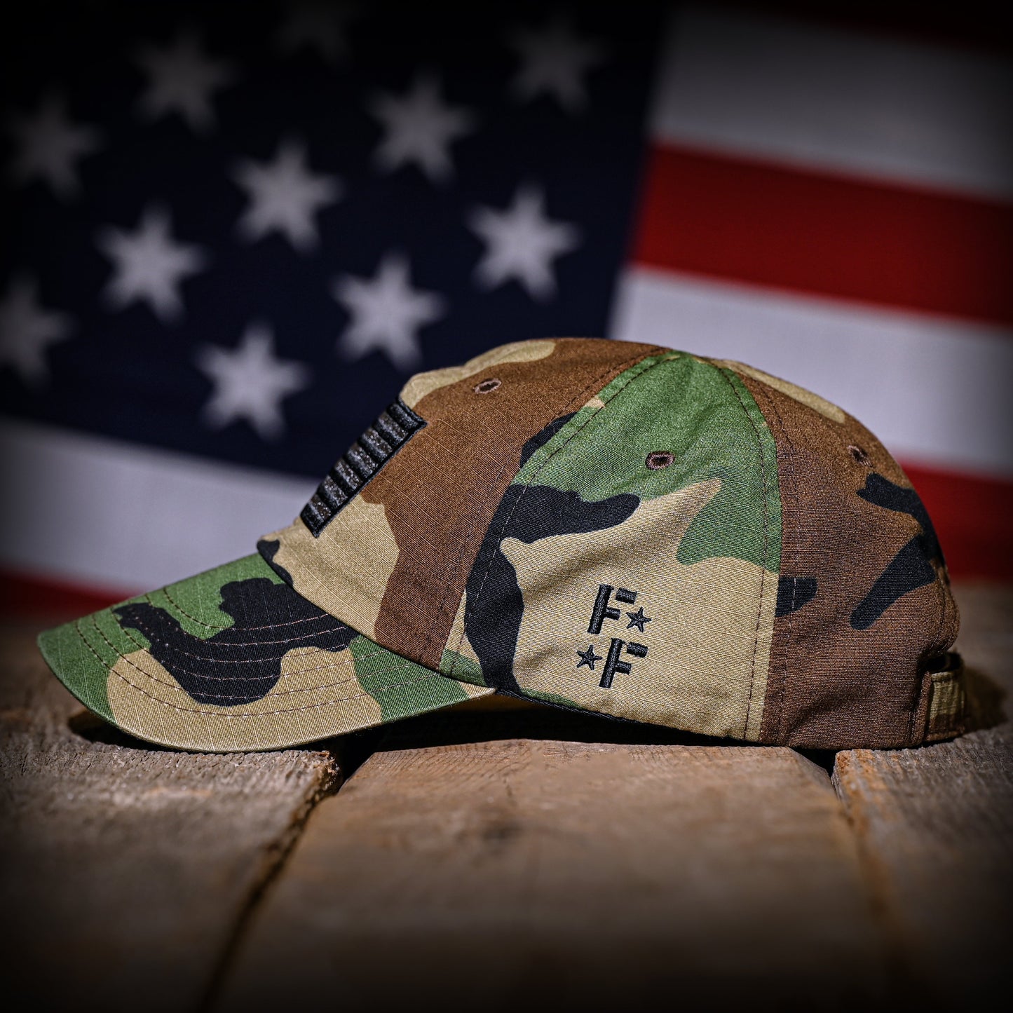 Woodland Camo Full Fabric American Flag Range Hat