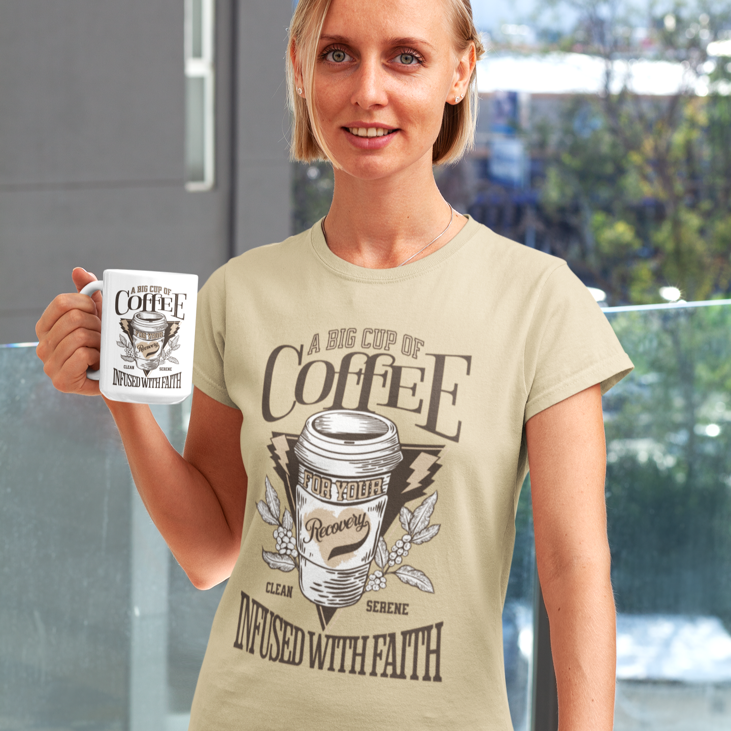 Womens Recovery T-Shirt | Inspiring Sobriety | Coffee Clean, Serene, Infused with Faith