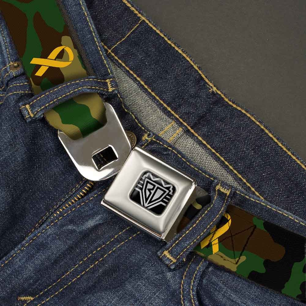 BD Wings Logo CLOSE-UP Full Color Black Silver Seatbelt Belt - Support Our Troops Camo Olive/Yellow Ribbon Webbing