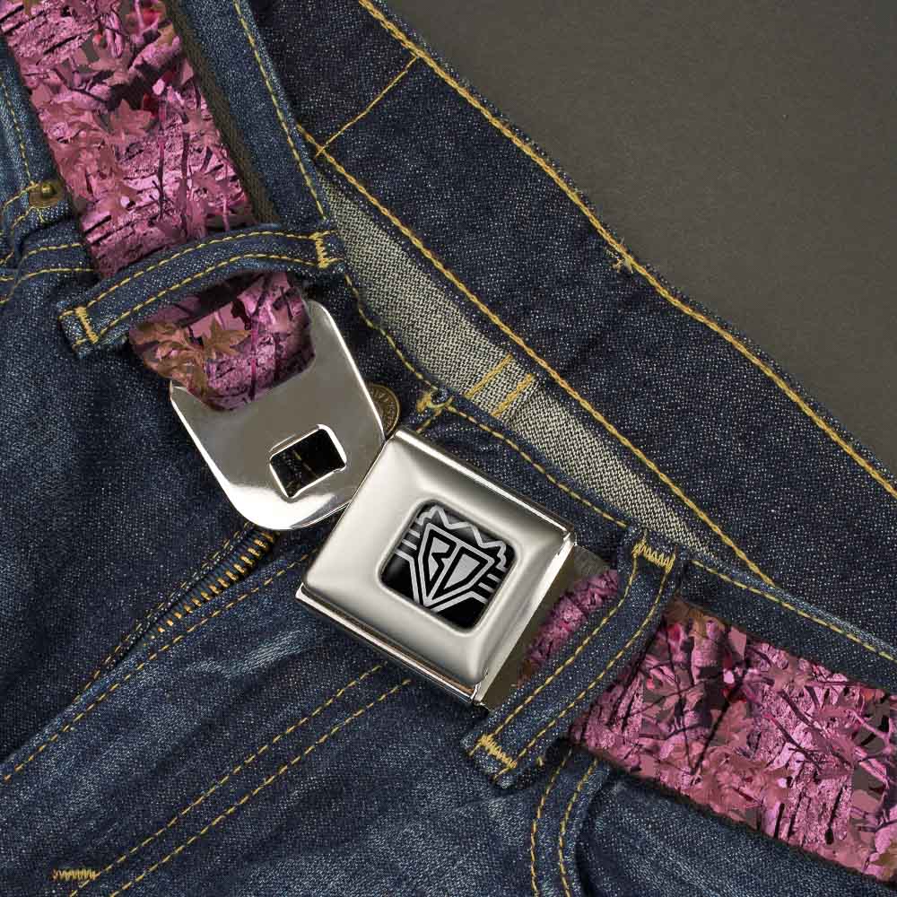 BD Wings Logo CLOSE-UP Full Color Black Silver Seatbelt Belt - Hunting Camo Pinks Webbing